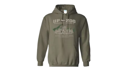 Olive green hoodie featuring a detailed design with NMU's mascot and dogs on sleds in front of the outline of the UP. The text reads "UP 200, Midnight Run - Jackpine 30."